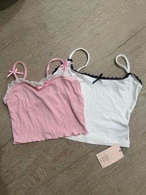 SHEIN Pink and White Ribbed Lace-Trim Cami Set